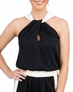 KLD Satin Contrast Bubble Hemmed Halter Top - Black