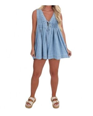 Veveret Top Pick Pleated Denim Romper - Blue
