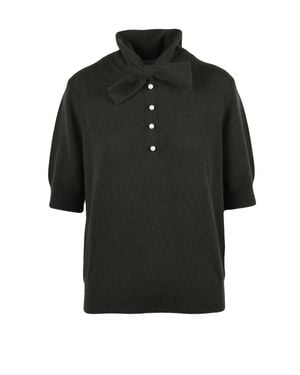 Allude Knit Polo Shirt With Bow Detail And Pearl Button Accents - Black