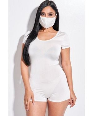 TRUEDAMES Solid Short Sleeve Scoop Neck Romper And Face Mask 2 Piece Set - White