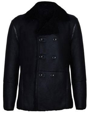 Infinity Leather Double Breasted Shearling Sheepskin Pea Coat-Valencia - Blue