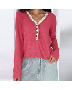 Pol Lace-Trim Henley Top - Red