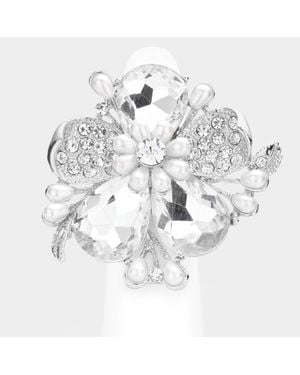 Fashnzfab Pearl Stone Embellished Oversized Flower Stretch Ring - Metallic