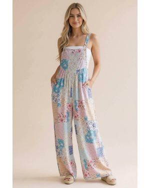 Haptics Floral Patchwork Wide Leg Bib Jumpsuit - Multicolor