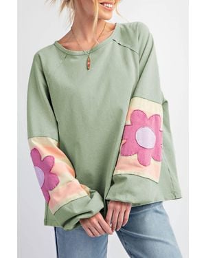 66Disco Flower Patchwork Raglan Sleeve Exposed Seam Oversized Top - Green