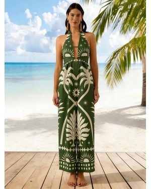TRUEDAMES Summer V-Neck Sexy Floral Halter Wide-Leg Jumpsuit - Blue