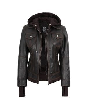 Decrum Tralee Bomber Leather Jacket With Removable Hoodie - Black