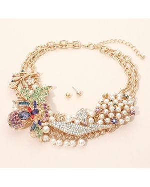 Fashnzfab Floral Leaf Motif Rhinestone Pearl Embellished Statement Necklace - Metallic