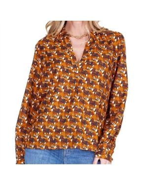 J joy Placket V Neck Long Sleeve Top - Orange