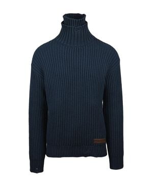 DSquared² Ribbed High Neck Knit Sweater With Leather Detail - Blue