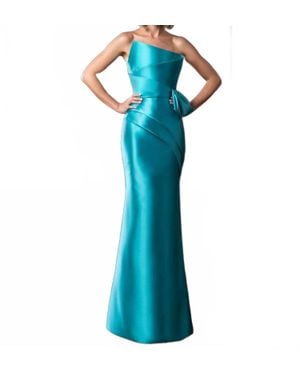 Daymor Fitted Long Pleated Peplum Formal Dress - Blue