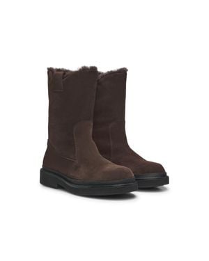 BOSS Suede Slip-On Boots With Shearling Collar - Brown