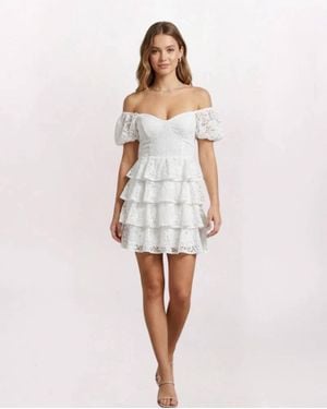 Olivaceous Puff Sleeve Tiered Lace Dress - White
