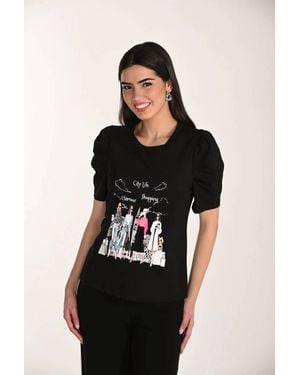 FRANK LYMAN Galessia Graphic Puff Sleeves Pullover Top - Black
