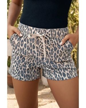 la society Leopard Elastic Waist Mid Rise Denim Shorts - Black