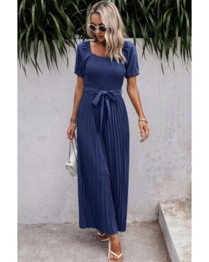 TRUEDAMES Fashnzfab Square Neck Ruffle Trim Belted Pleated Jumpsuit - Blue