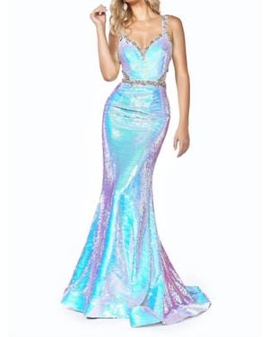 Cinderella Divine Fitted Sexy Gown With Open Back And Flip Sequin Effect - Blue