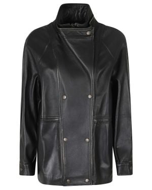 Semicouture Oversized Double-Breasted Leather Jacket - Black