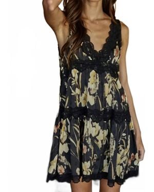 By Together Printed Plunged Lace Detailed V-Neck Slip Dress - Black