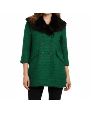 Tulle Double Breasted Coat With Faux Fur Collar - Green