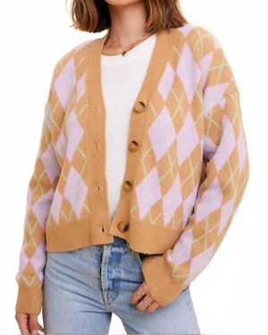 In-Loom Retro Vibes Argyle Patterned Jacquard Cardigan Sweater - Natural