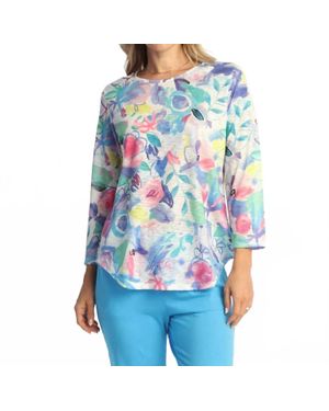 Jess & Jane Round Hem Three Quarter Sleeve Slub Top - Blue