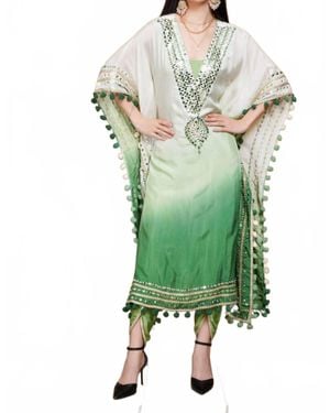 Zaalima Fashion Ombre Organza Kaftan Suit With Mirror Work And Pom-Pom Detailing - Green