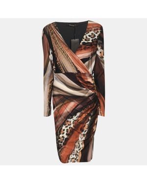 Roberto Cavalli Animal Print Stretch Crepe Piercing Draped Midi Dress - Brown