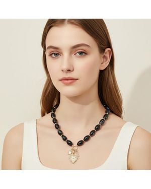 Fashnzfab Heart Bow Stone Charm Pendant Chunky Oval Beaded Statement Necklace - Natural