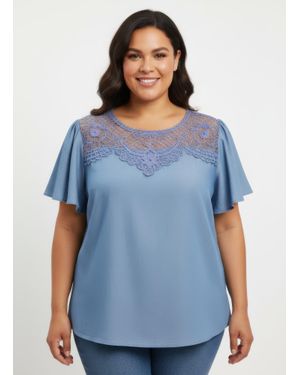 TRUEDAMES Lace Yoke Flutter Sleeve Knit Top - Blue