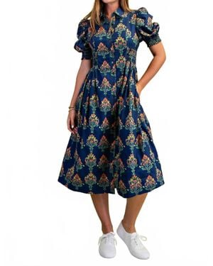Gigio Floral Puff Sleeve Midi Dress - Blue