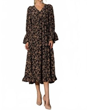 Lena® Floral Print Long Sleeve Ruffle Midi Dress - Black
