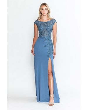 TRUEDAMES Formal Dress Boat Neck Cap Sleeve Sheath Gown - Blue