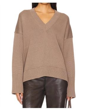 White + Warren Organic Cotton Rib Trim Oversized V-Neck Sweater - Brown