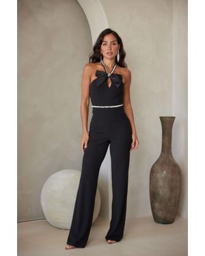 TRUEDAMES Rhinestone Ribbon Haltered Neck Jumpsuit - Black