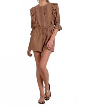 Elan Ruffle Front Romper - Brown