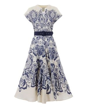 Sara Roka Damask Print Midi Dress With Batwing Sleeves - Blue