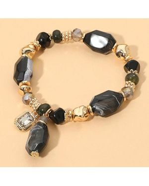 Fashnzfab Faceted Stone Charm Beaded Stretch Bracelet - Black