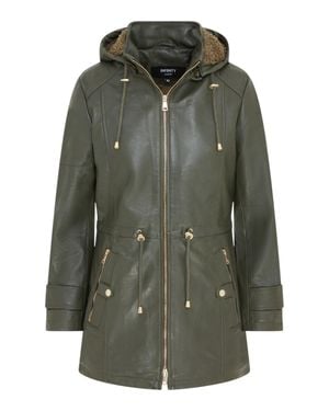 Infinity Leather Leather Parka Detachable Borg Hooded Trench Coat - Green