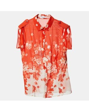 Versace Floral Print Silk Crepe Button Front Blouse - Red