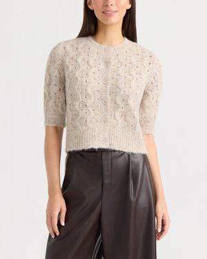 Ellen Tracy Cable Knit And Pointelle Short Sleeve Cardigan - Natural