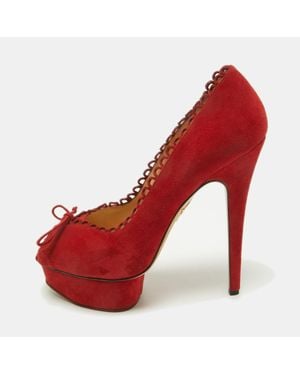 Charlotte Olympia Suede Daphne Scalloped Trim Peep Toe Platform Pumps - Red