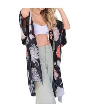 Leto Floral Motif Boho Festival Cover Up Kimono - Black