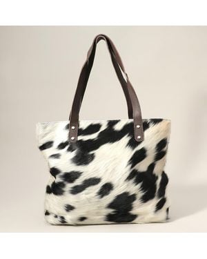 Fashnzfab Cow Patterned Genuine Fur Calf Tote Bag Shoulder Bag - Black