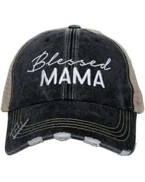 Katydid Blessed Mama Script Embroidered Distressed Trucker Hat - Black