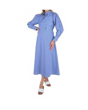 John Abgin Cotton Striped Criss-Cross Midi Shirt Dress - Blue