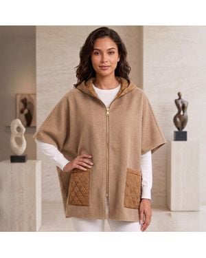 TRUEDAMES Quilted Pocket Hooded Zip Front Cape Coat Poncho - Brown