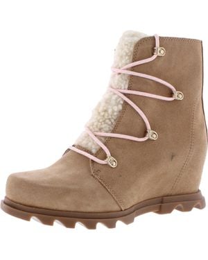 Sorel Joan Of Arctic Wedge Iii Lace Cozy Suede Fleece Lined Ankle Boots - Brown