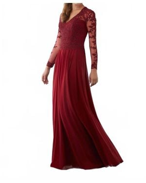 Mgny Beaded Lace On Net With Stretch Mesh Long Dress - Red