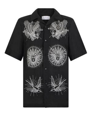 Philipp Plein Linen Bowling Shirt Tattoo Embroidery - Black